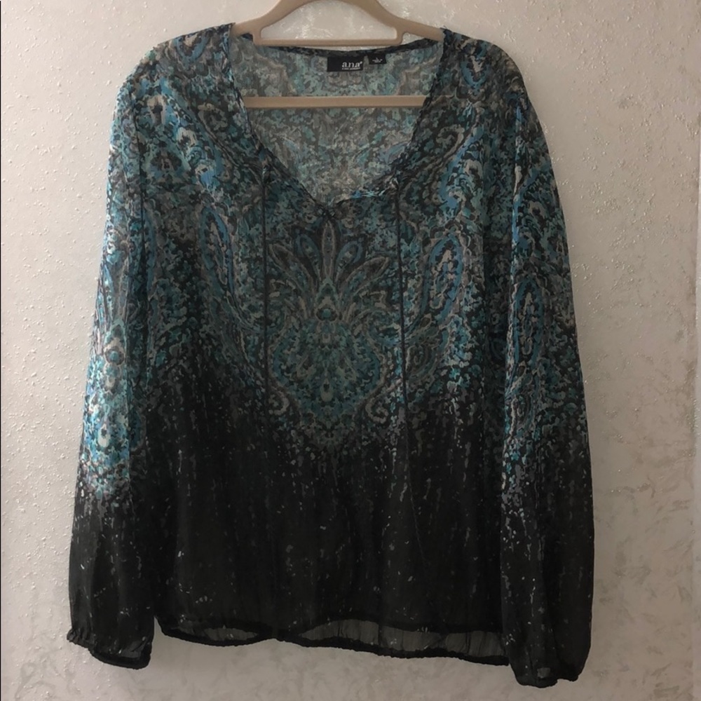 Ana blue and black long sleeve blouse